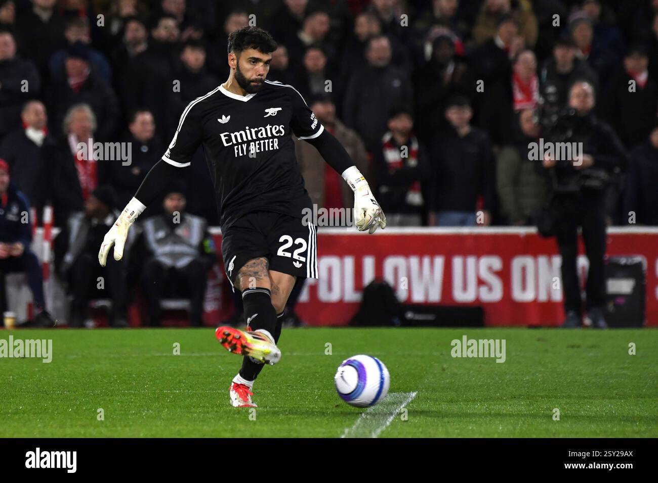 Arsenal's goalkeeper David Raya kicks the ball during the English ...