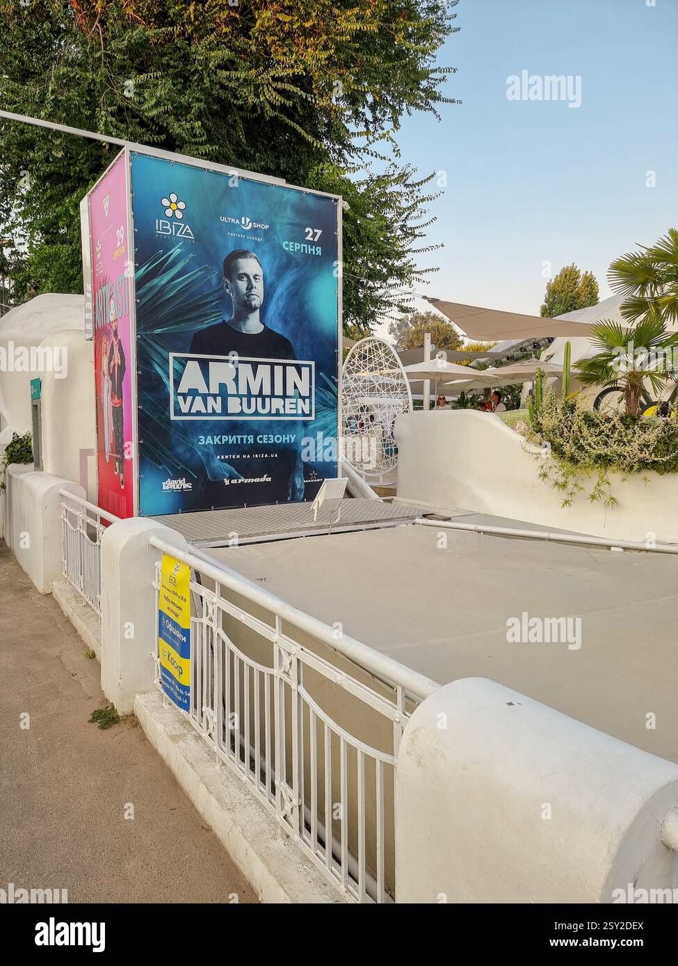 Poster for concert with Dutch DJ Armin van Buuren in the Ibiza Beach Club in Odesa (Odessa), Ukraine, at the closing/end of the season - Smartphone Captured Stock Image