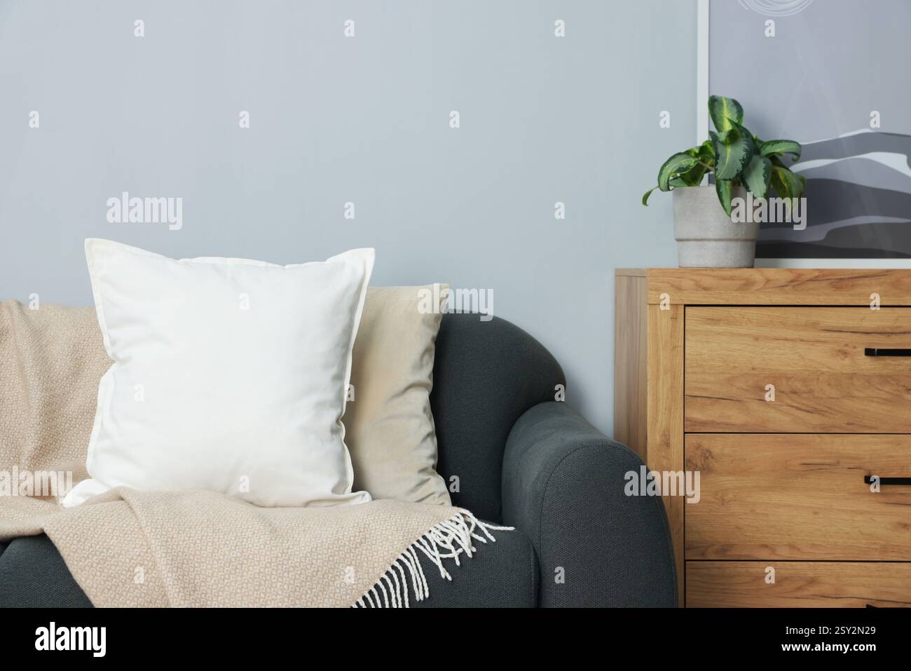 Blank soft pillow on cozy couch at home Stock Photo