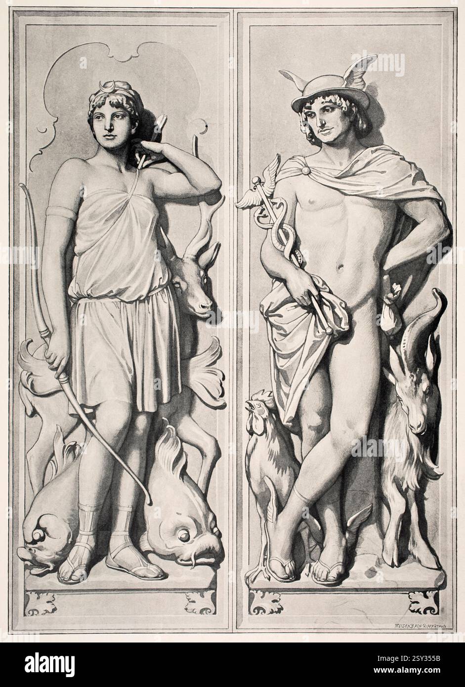 Griechische und Romische Gotterbilder (Greek and roman Gods Diana and Mercury) monochrome halftone of ink drawing by Viennese Art Professor Georg Stur Stock Photo