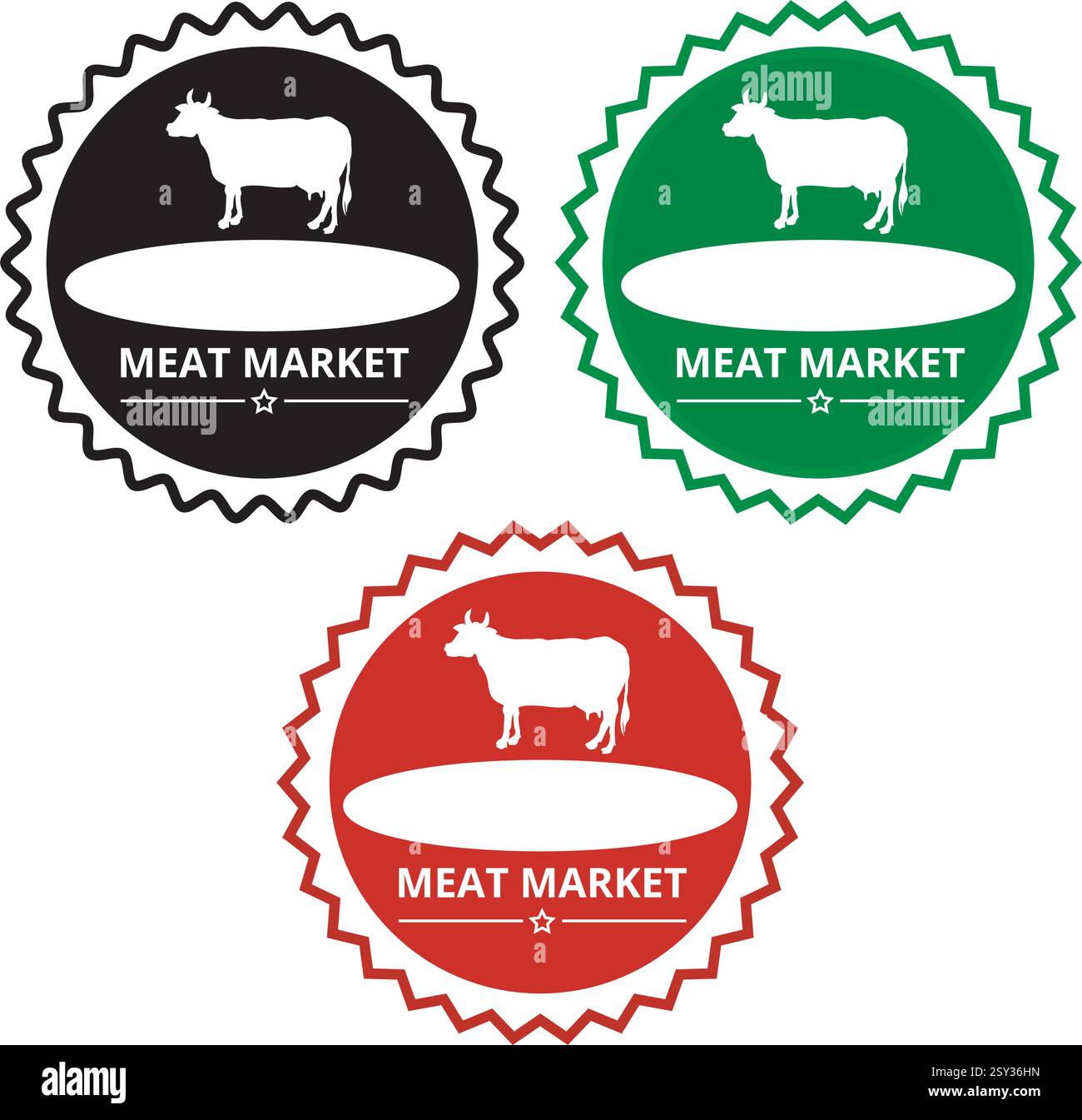 Three colored meat market seals on a white background Stock Vector