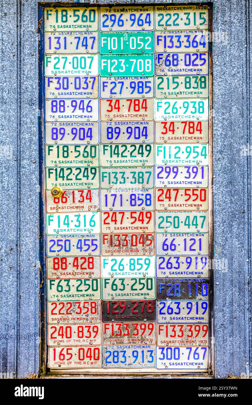 Wall of license plates with a variety of colors and numbers, including ...