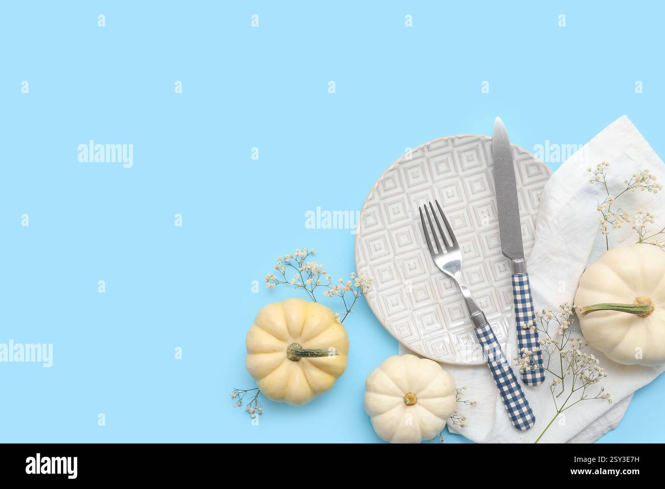 Beautiful table setting with fresh pumpkins and gypsophila flowers on blue background Stock Photo