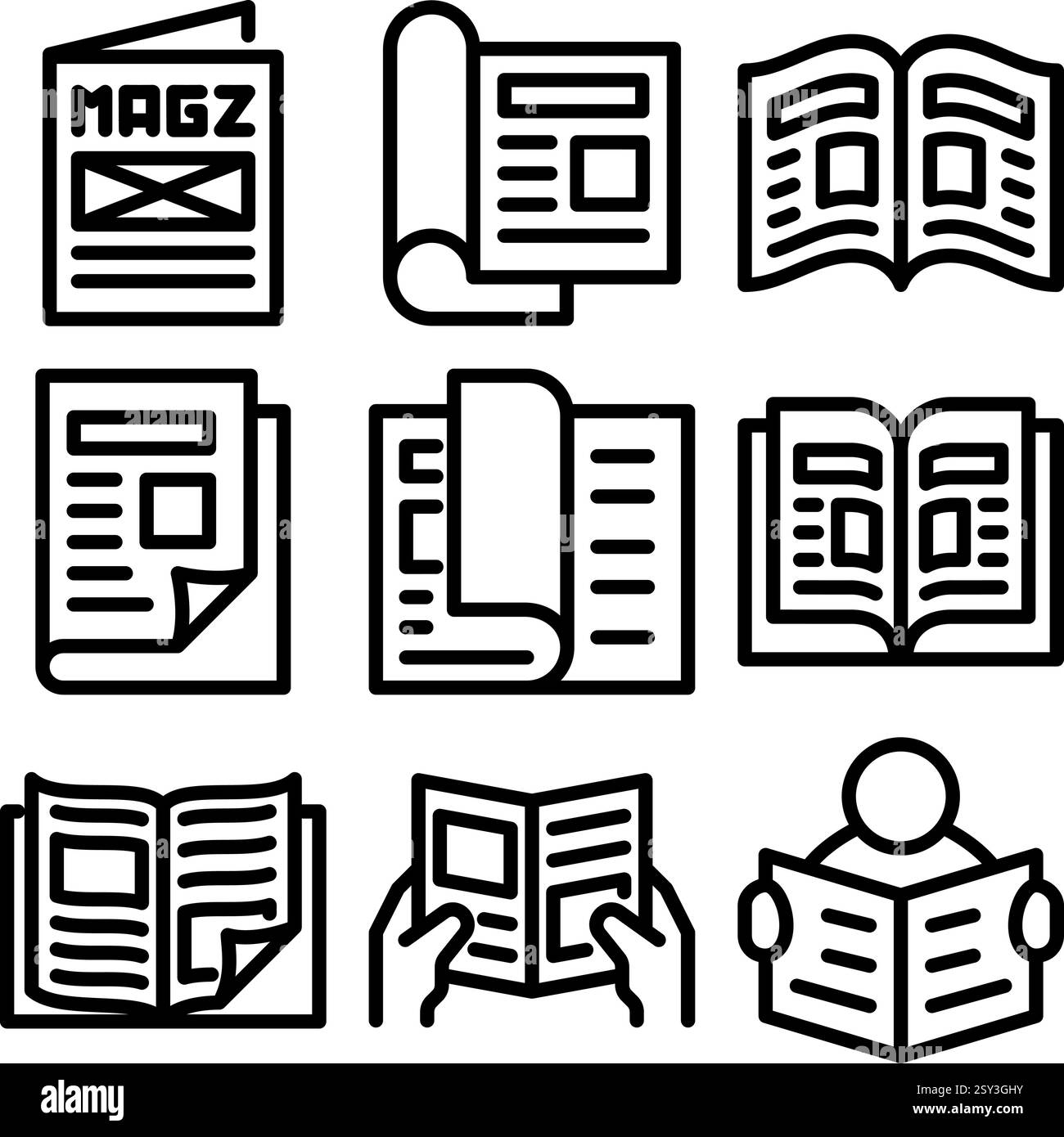 Magazine icon set. containing book, library, read, author, journal ...