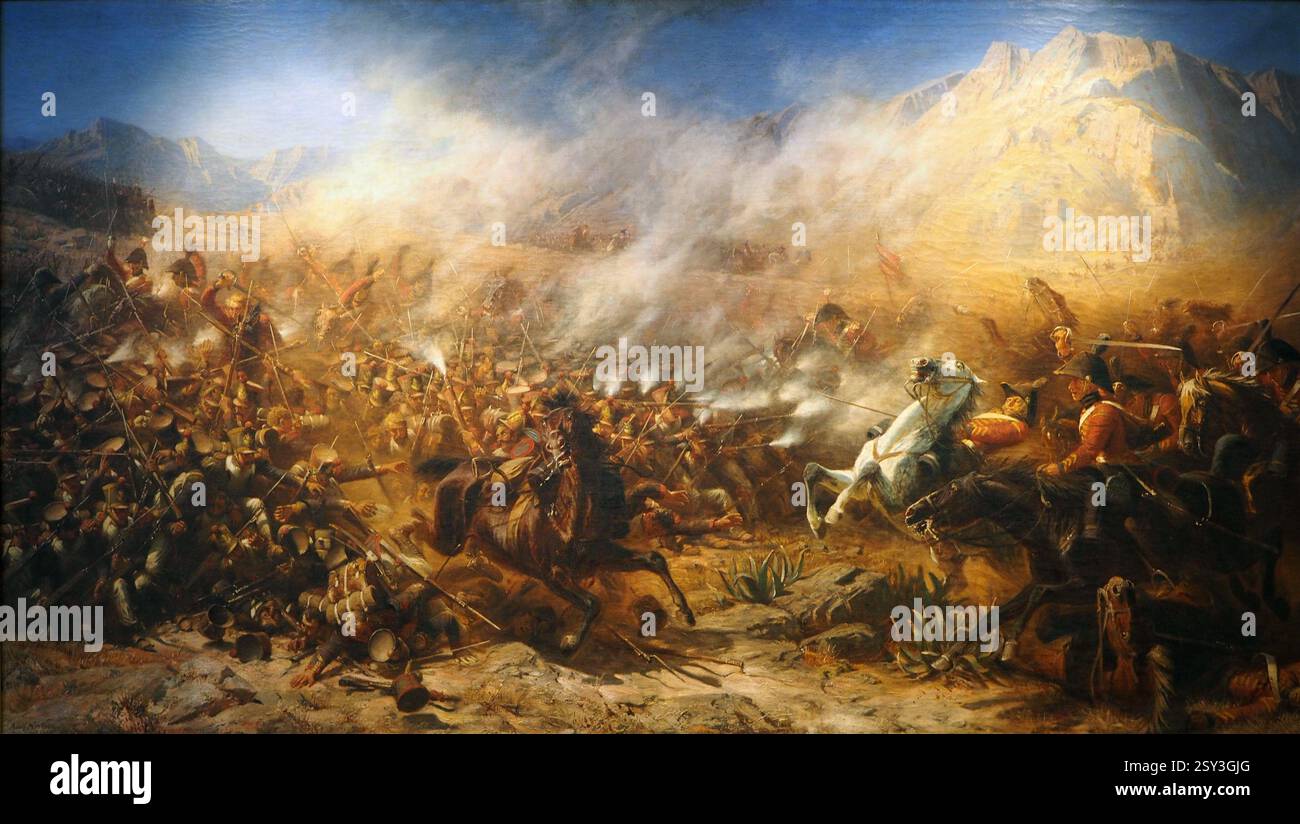 The Battle of García Hernández was fought on 23 July 1812 during the Peninsular War. In the battle, two cavalry brigades of the British Army's King's German Legion (KGL) under Major-General Eberhardt Otto George von Bock defeated 4,000 French troops led by Major-General Maximilien Foy. In what would otherwise have been an unremarkable skirmish, the KGL dragoons achieved the unusual feat of breaking three French squares, those of the 6th, 69th and 76th Line, routing the entire French force with heavy losses. Painting by adolph northen, x Stock Photo