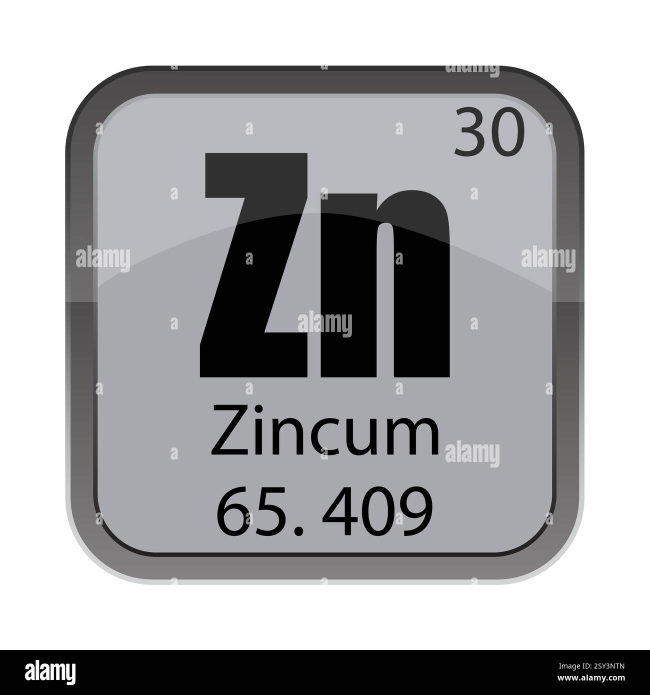 Zn Zincum 65.409. Number 30 text. Gray chemical tile. Vector periodic ...