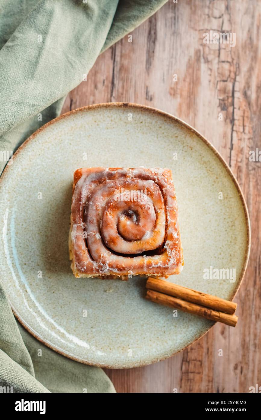 Cinnamon rolls on wooden table, top view, copy space Stock Photo