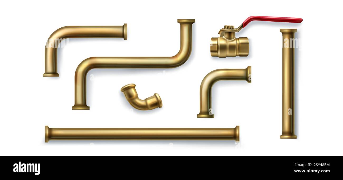 Plumbing 3d brass pipe collection with straight tubes, curved bends, connector joints, control valve with red handle. Realistic golden metallic components with various fittings for bathroom systems. Stock Vector
