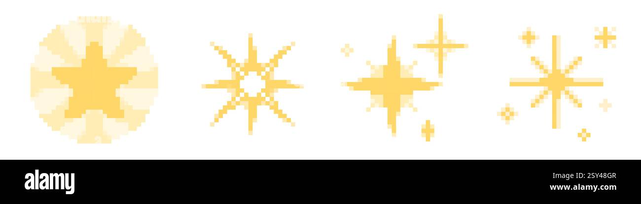 Pixel art set of golden sparkles and stars in 8-bit retro video game ...