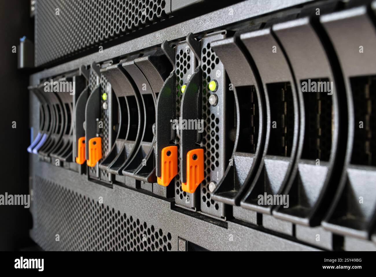 Computer server mainframe and harddisk drive raid storage with LED in computer server data-center for cloud service and hosting information infrastruc Stock Photo