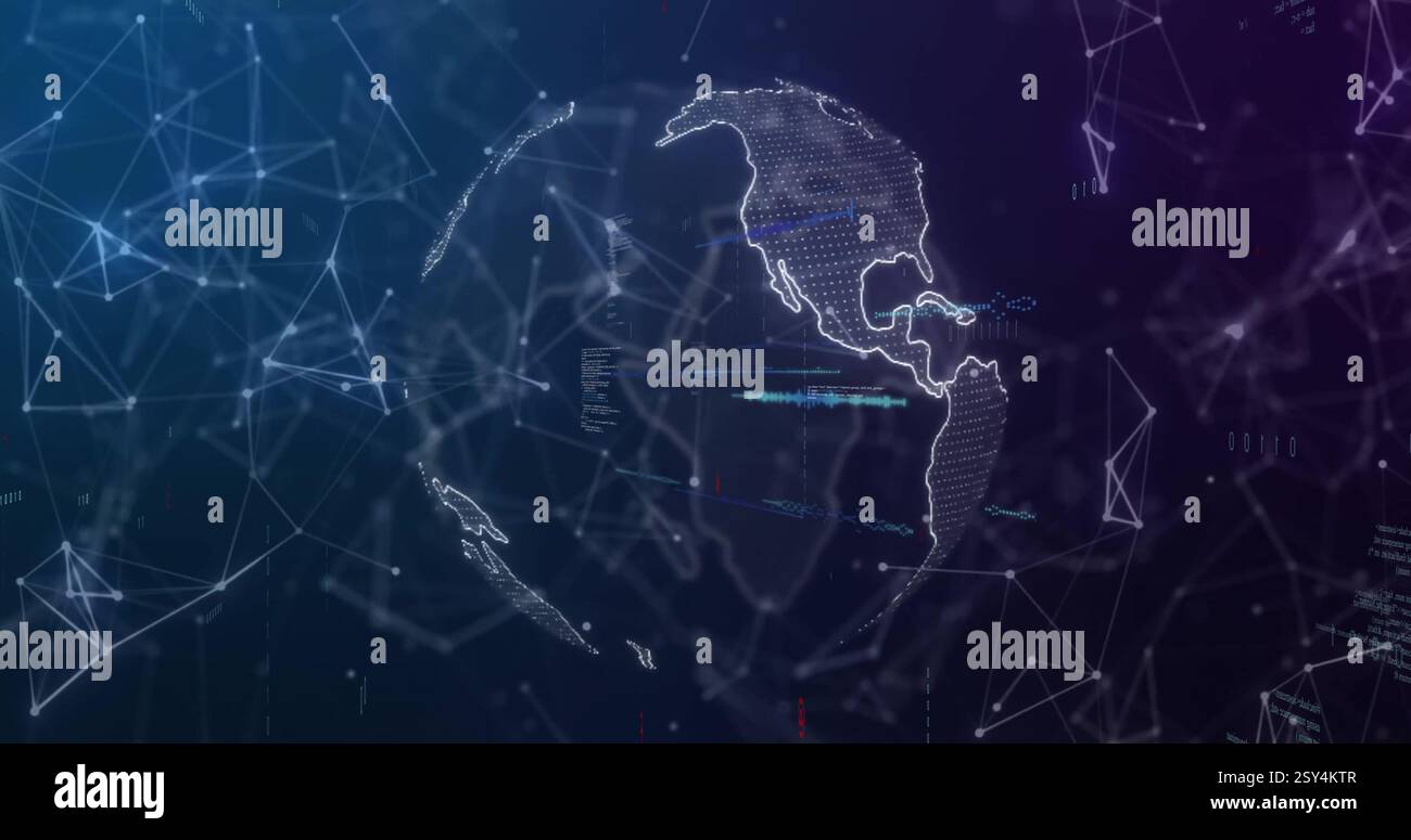 Image of globe spinning over moving shapes and data processing Stock Photo