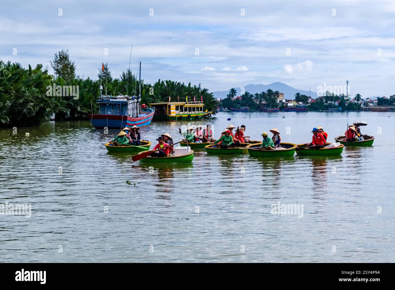 Tourists are taken by local guides in basket boats on the Thu Bon River, Sông Thu Bồn, to the most important sights in Hoi An, Hội An. Stock Photo