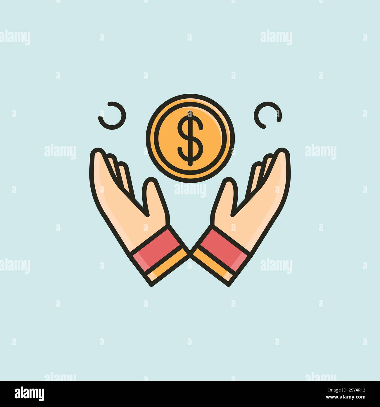 Vector illustration of hands open around a floating dollar ($) coin, representing financial security, savings, investment protection, and money manage Stock Vector