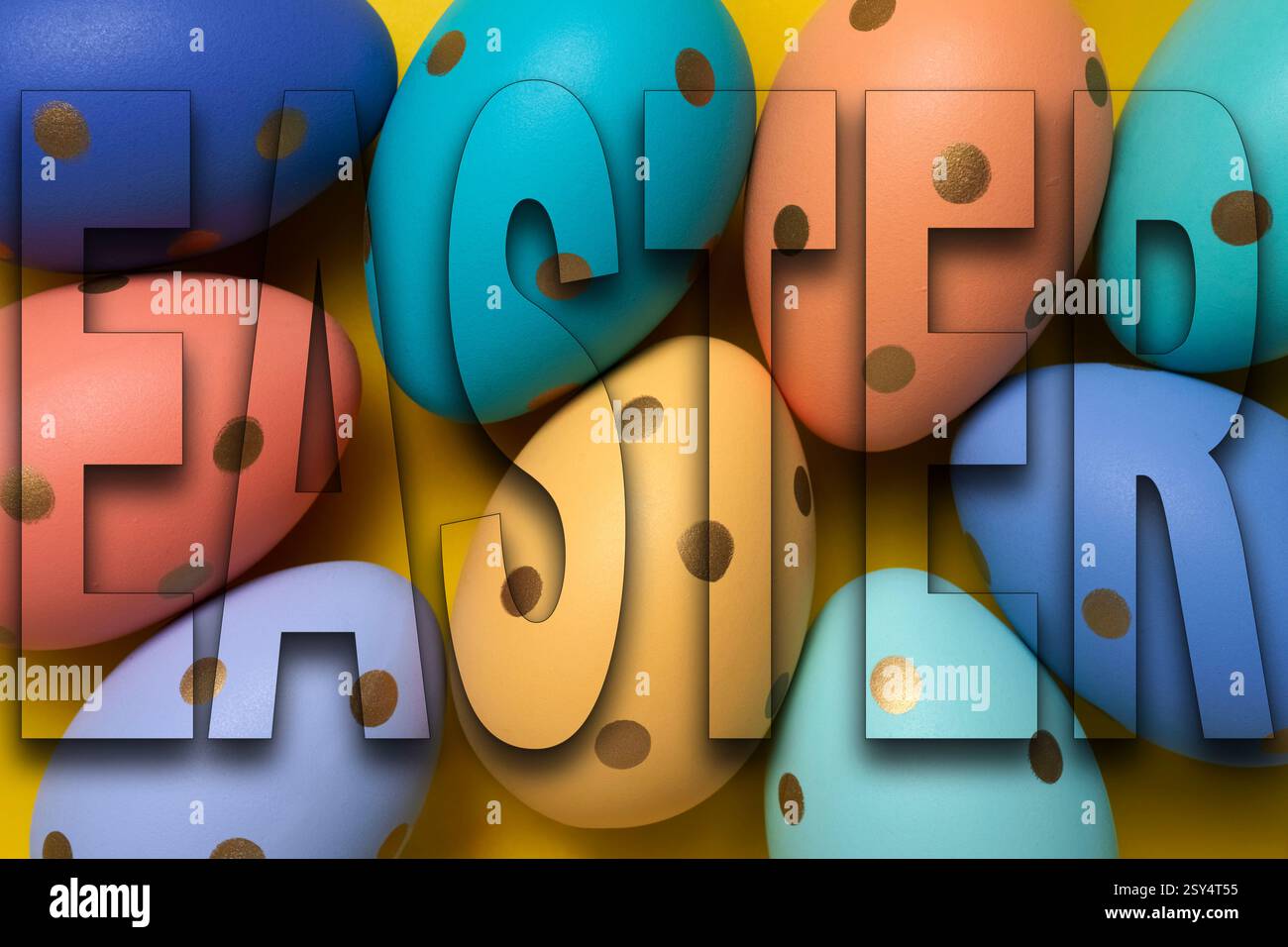 Font Word "EASTER" with transparency of Easter eggs. Banner, poster, template Stock Photo