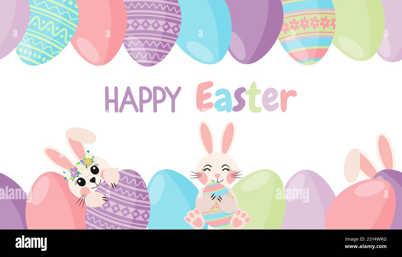 Spring Holiday Easter Eggs and Cute Bunnies Frame Stock Vector