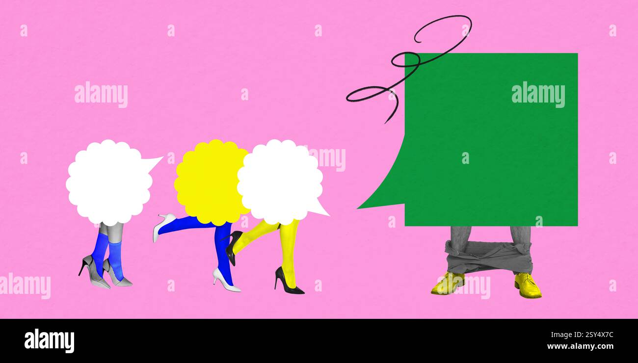 Small speech bubbles with walking legs approach dominant green one ...