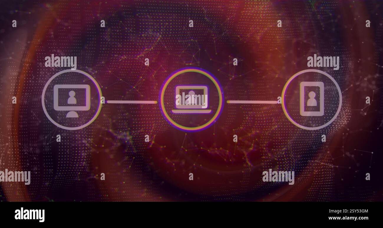 Image of media icons over red shapes moving Stock Photo - Alamy