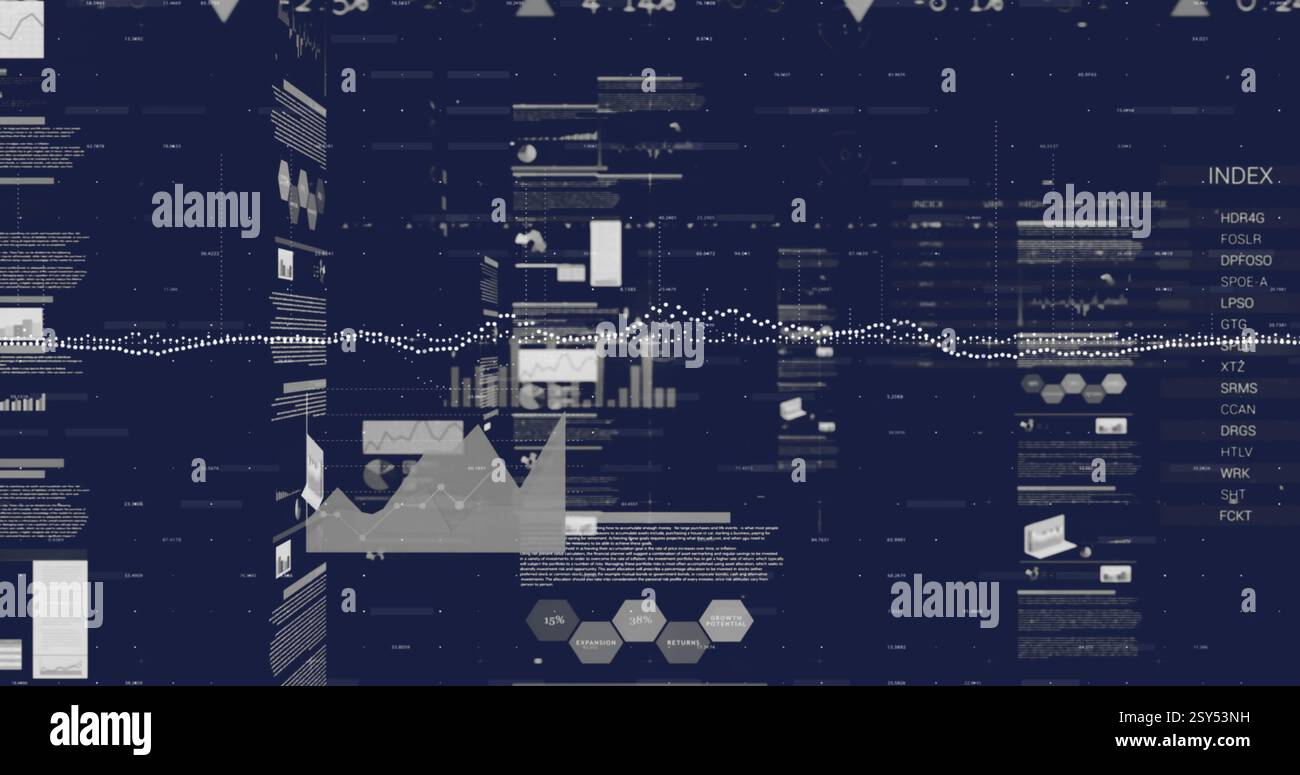 Image of charts, graphs and processing data on black background Stock ...