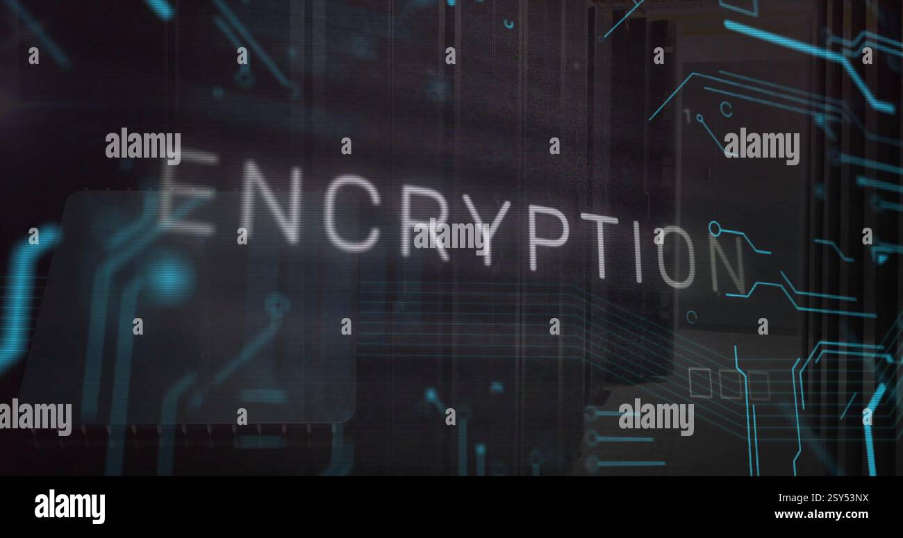 Image of encryption text and data processing over computer servers Stock Photo