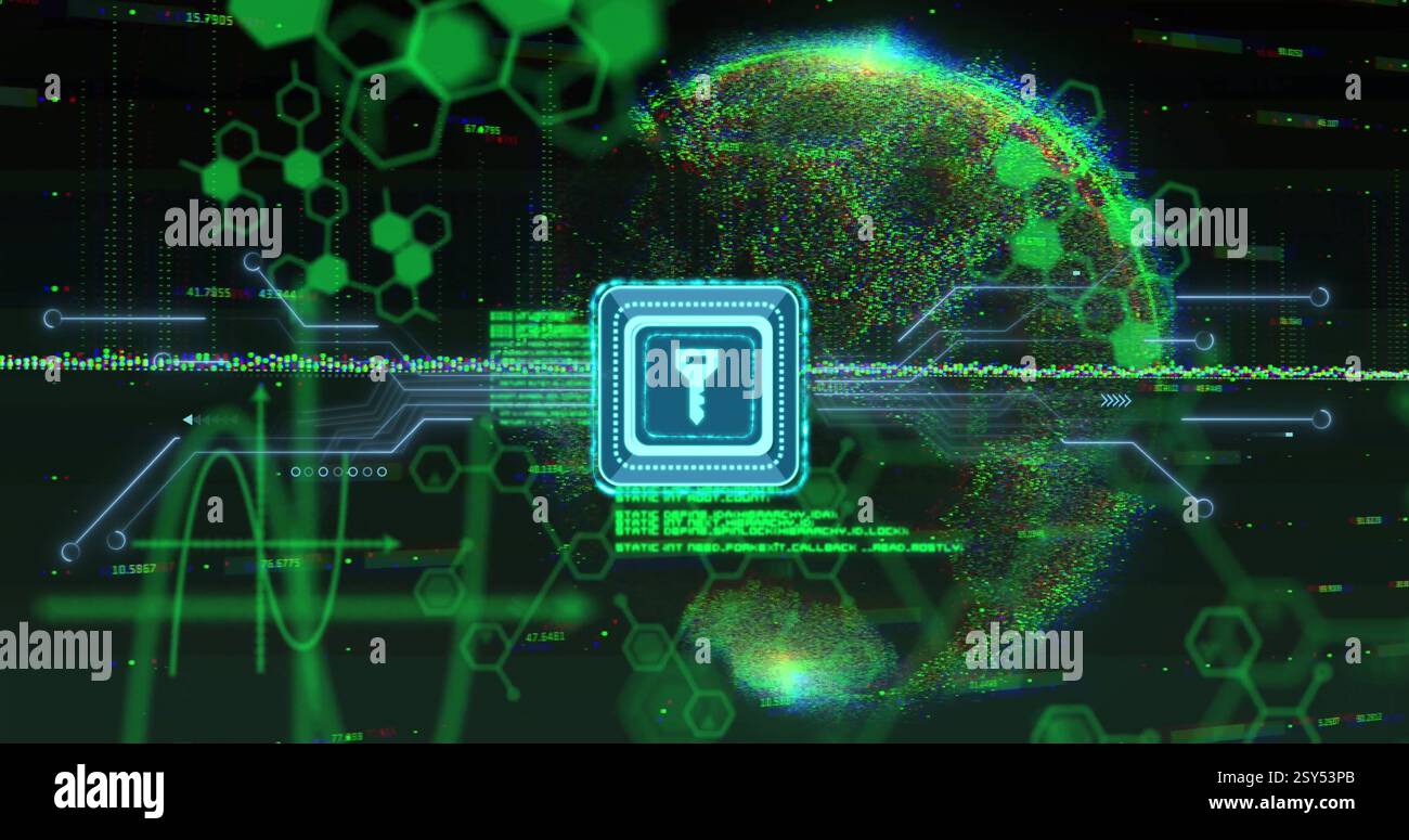 Image of key icon and scientific data processing over globe Stock Photo