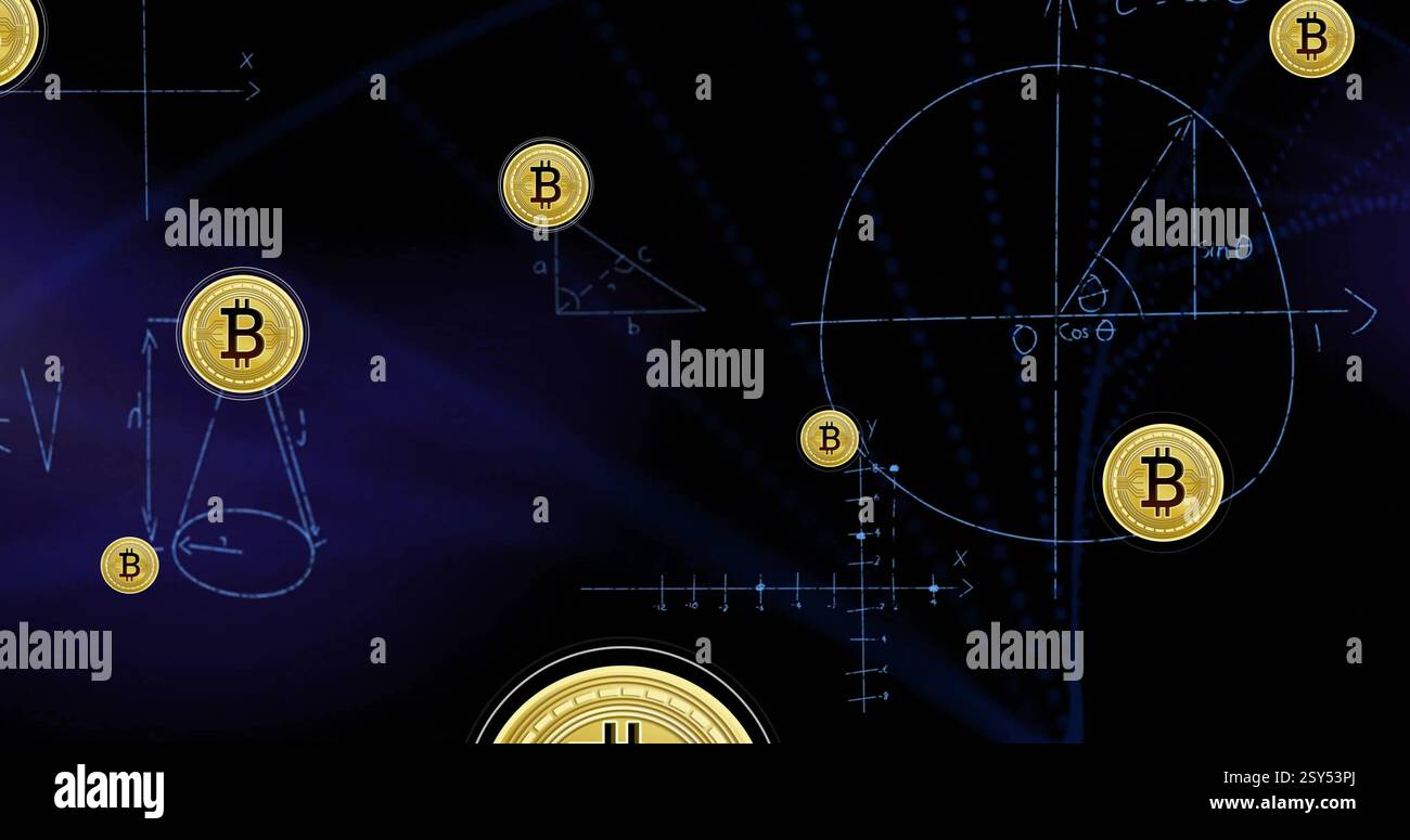 Image of bitcoin icons and mathematical data processing over dark background Stock Photo