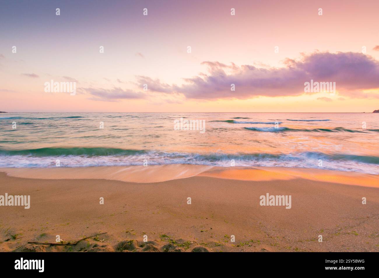 summer vacation at the sea. sunny environment. beautiful purple pink seascape at sunrise. calm waves wash the golden sandy beach. fluffy clouds on the Stock Photo