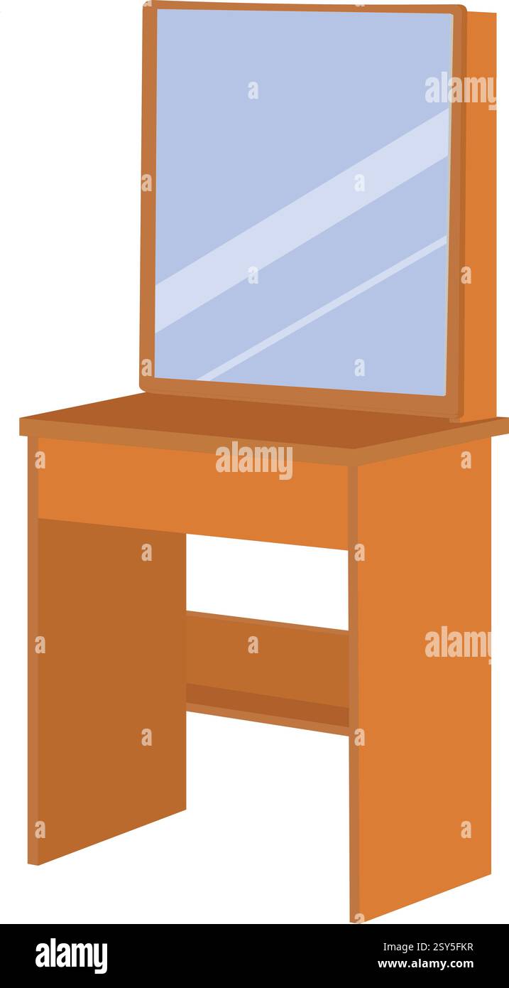 A small wooden vanity with a mirror and a small shelf. The mirror is framed in a blue frame Stock Vector