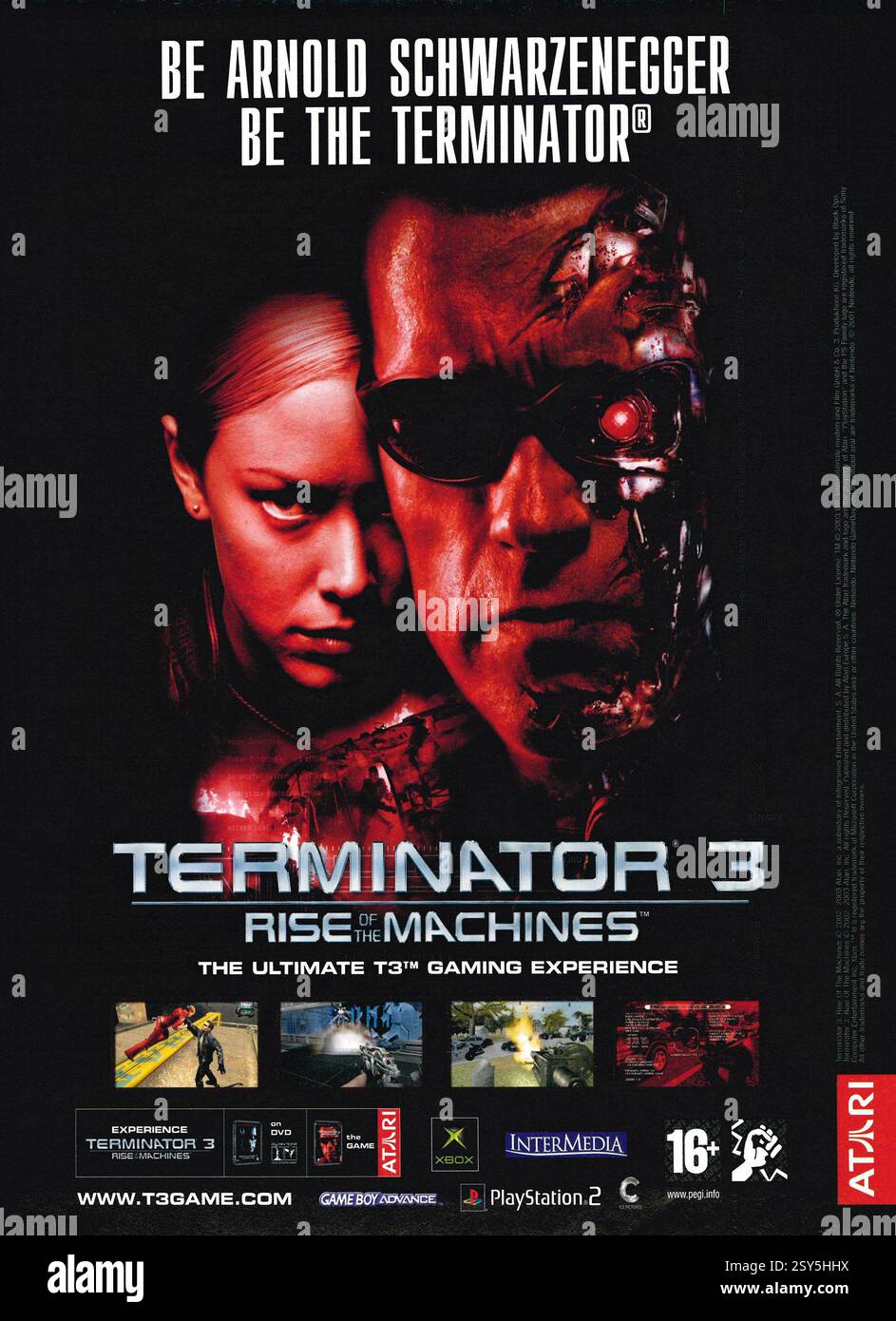 2003 Ad for Terminator 3: Rise of the Machines game by by Black Ops Entertainment, published by Atari - 'Be Arnold Schwarzenegger. Be the Terminator' Stock Photo