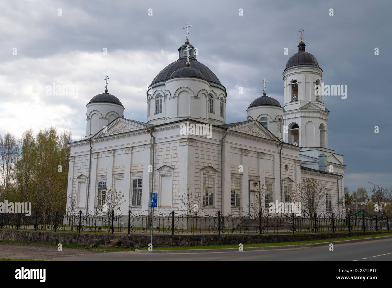 View of the ancient Cathedral of Elijah the Prophet on a cloudy May day. Soltsy, Novgorod Oblast. Russia Stock Photo