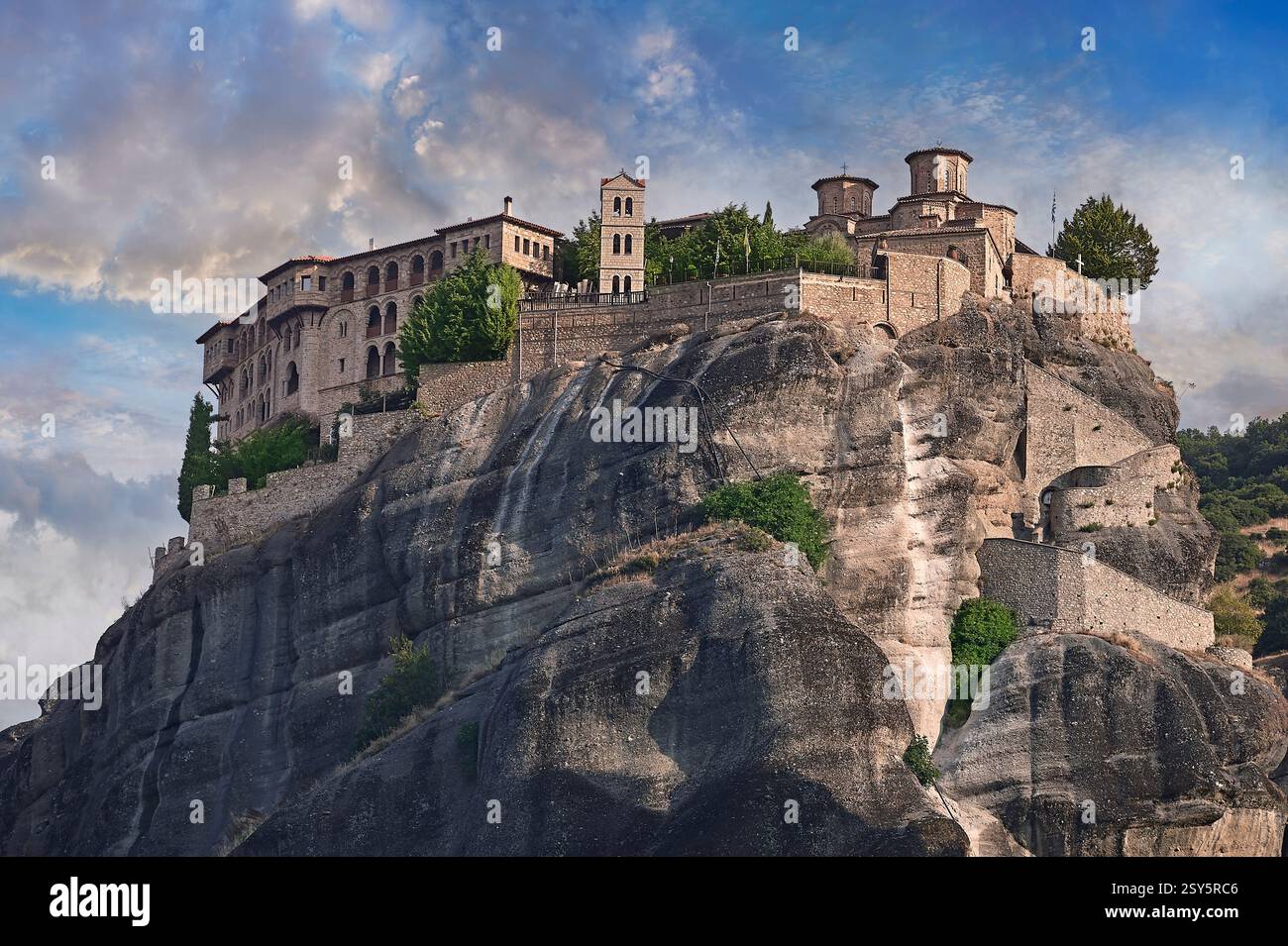 Medieval Meteora  Monastery of St Varlaam ( Μονή Βαρλαάμ) on top of a rock pillar in the Meteora Mountains, Thessaly, Greece Stock Photo
