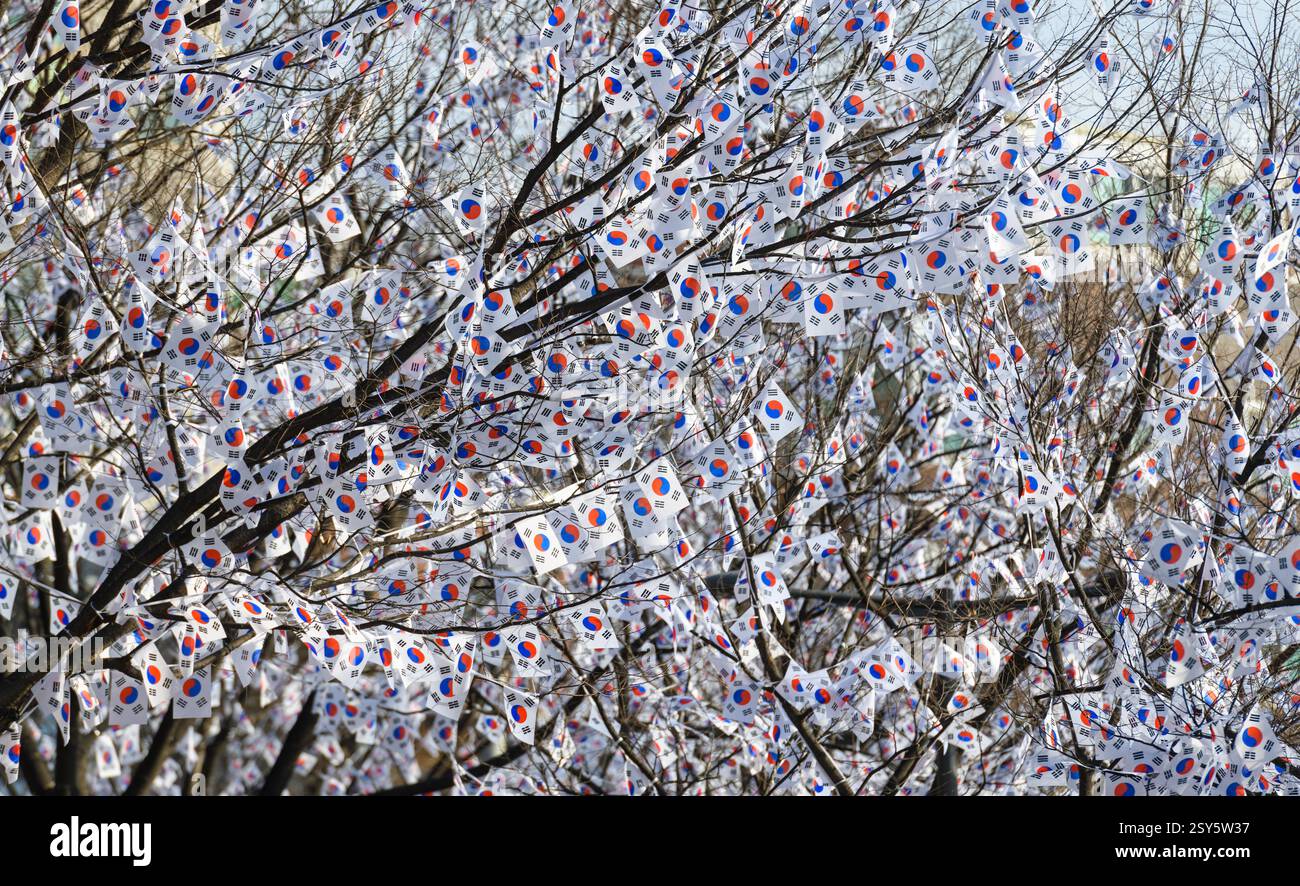 Seoul, South Korea. 27th Feb, 2025. South Korean national flags are ...