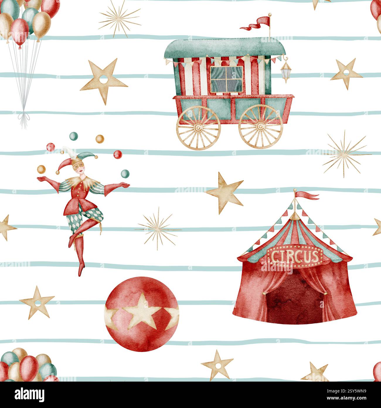Watercolor Circus pattern on a striped background. Illustration of ...