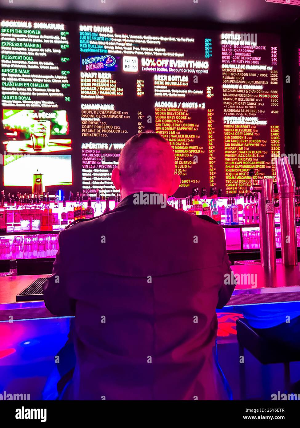 Paris, France, View inside Gay Bar in the Marais, Man sitting alone ...