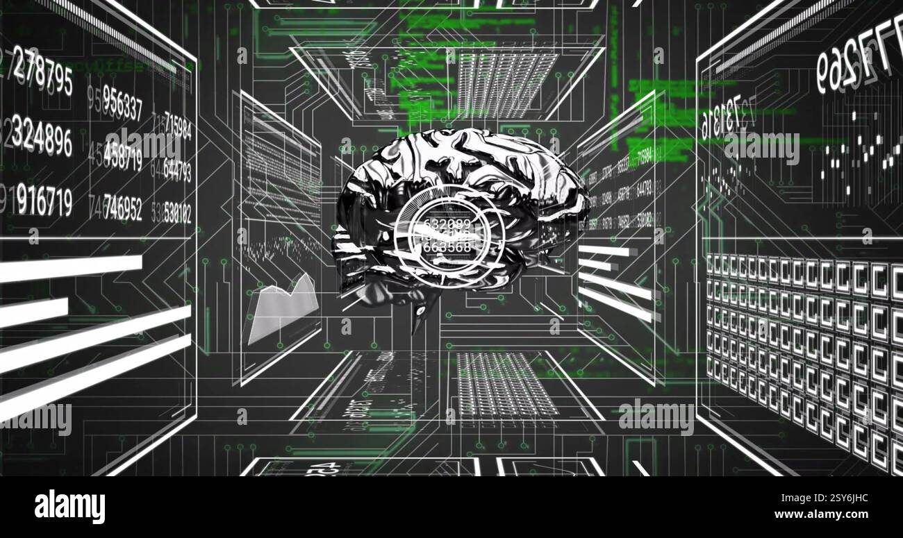 Image of rotating brain rotating over interface screens with charts and ...