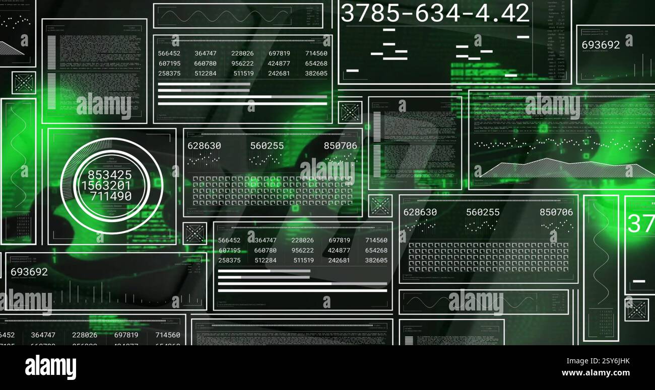 Image of interface screen charts and processing data over green lights on black Stock Photo