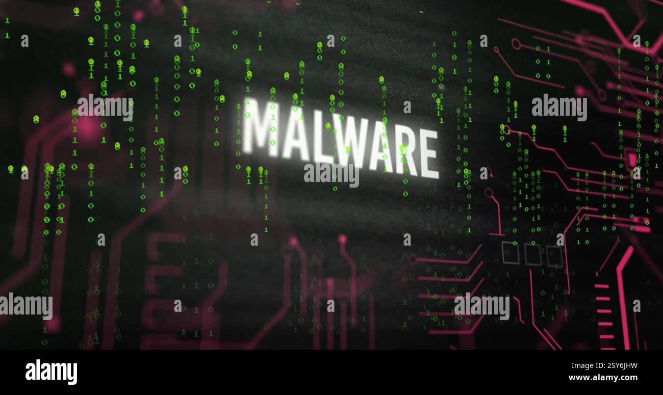 Image of malware text over network and binary data processing on black background Stock Photo