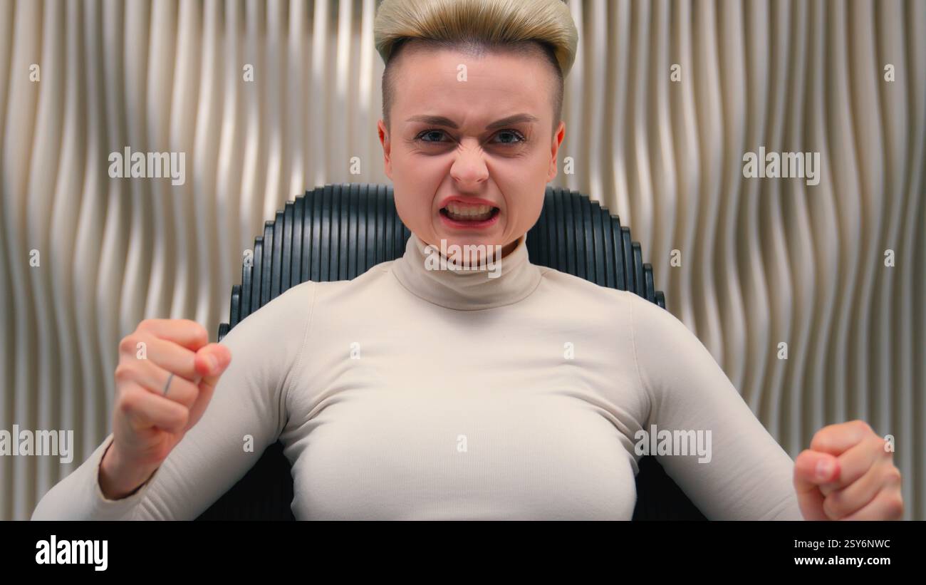 Futuristic modern white studio Caucasian woman businesswoman hacker ...