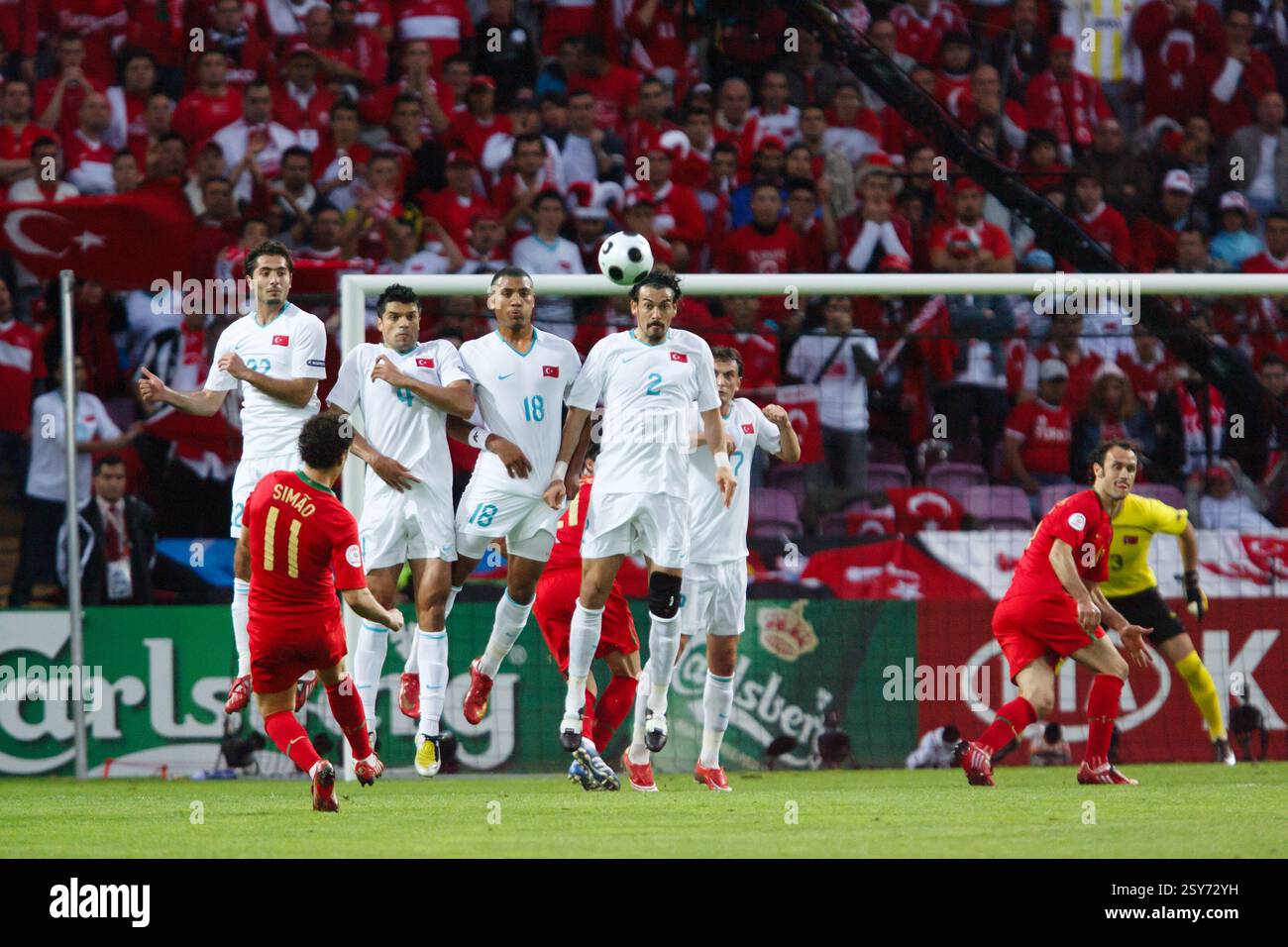 Simao of Portugal (11) takes a free kick against Turkey during a UEFA Euro 2008 Group A match on June 7, 2008 at the Stade de Genève in Geneva, Switzerland. Editorial use only. Commercial use prohibited. (Photograph by Jonathan Paul Larsen / Diadem Images) Stock Photo