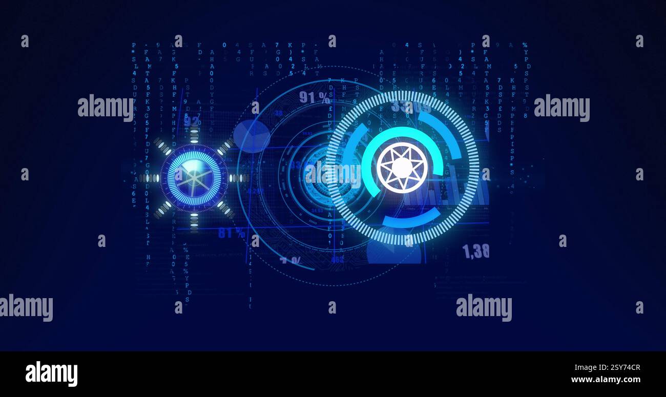 Image of circular scanners processing data on dark blue background Stock Photo