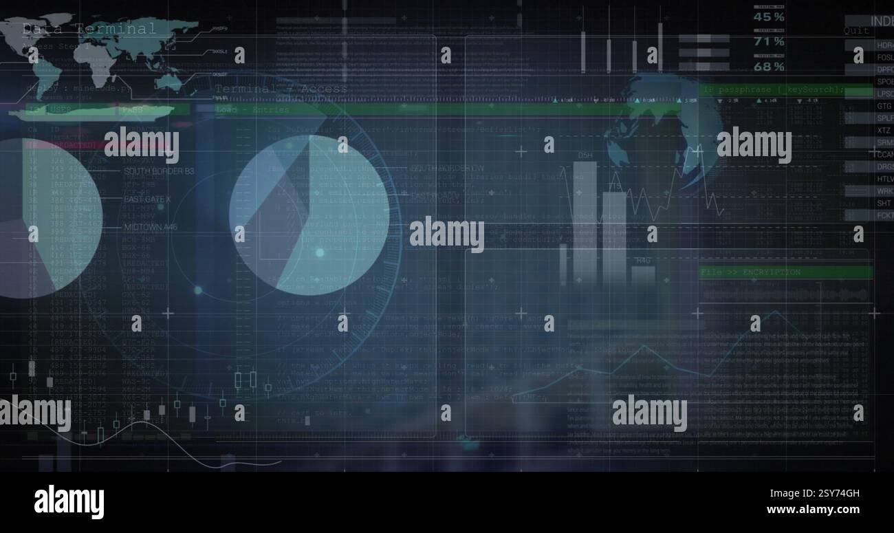 Image of statistics and data processing over dark background Stock Photo