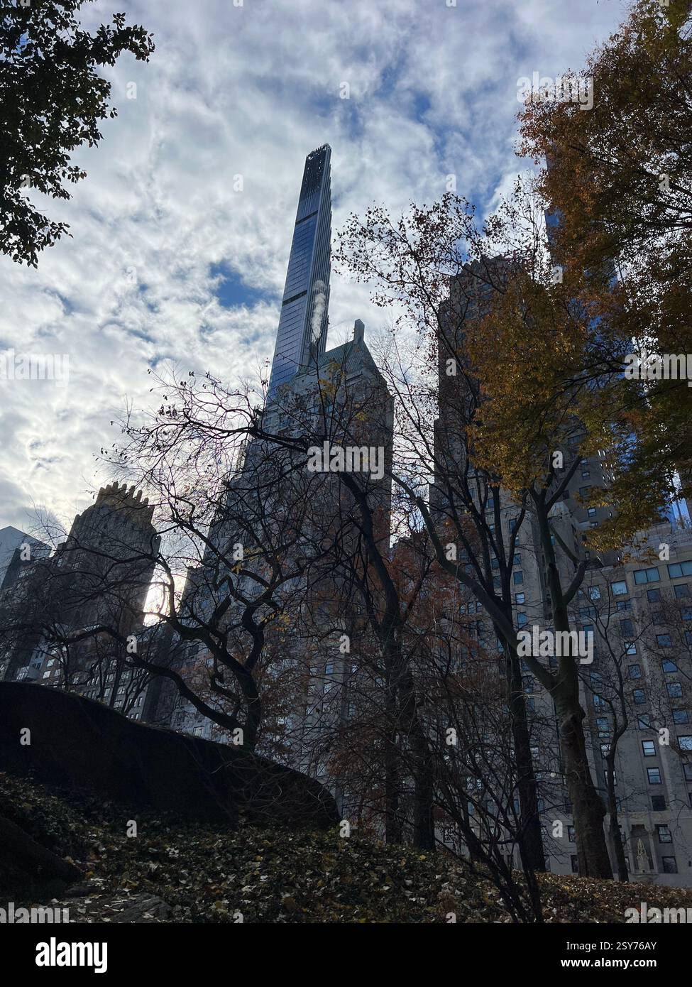 New York City view from the Central Park with trees in the front and dramatic sky background. New York City skyline autumn - Smartphone Captured Stock Image