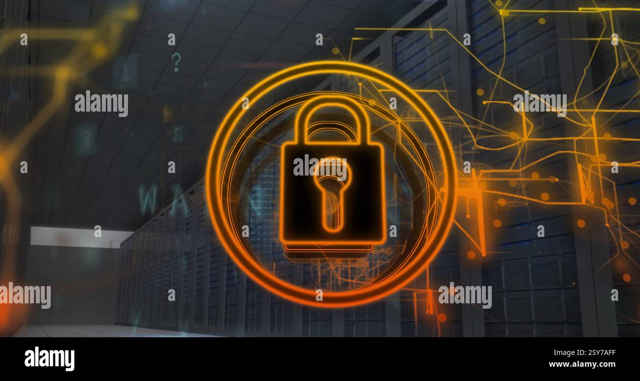 Image of padlock icon and digital data processing over computer servers Stock Photo