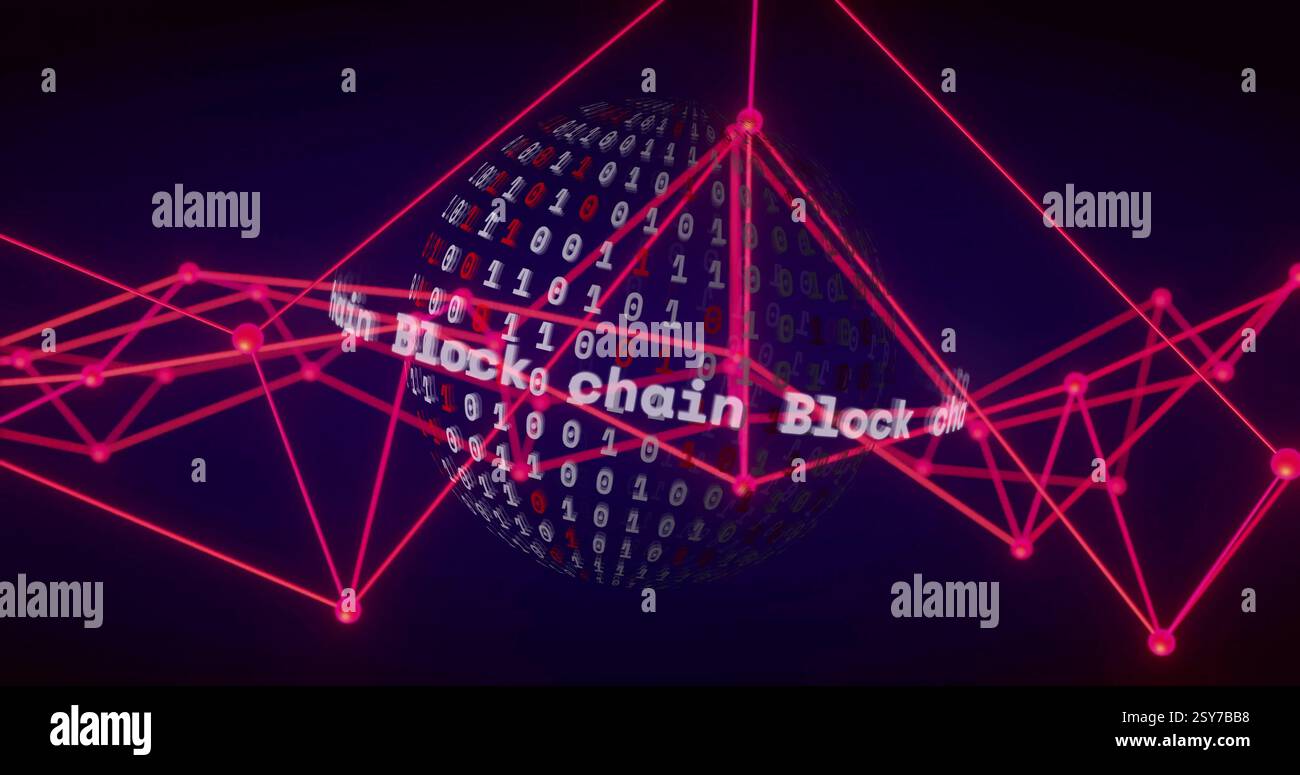 Blockchain text and binary code image over globe with red network connections Stock Photo