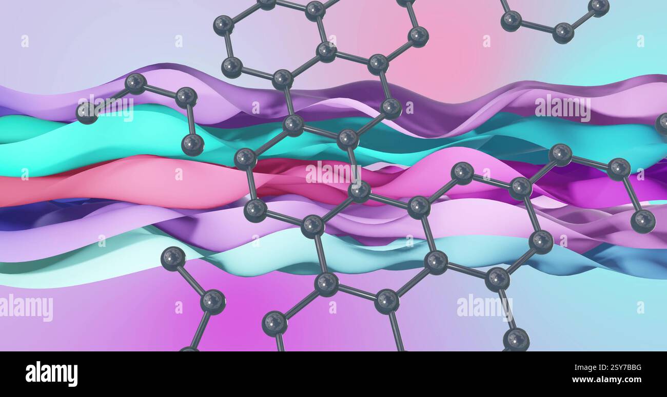 Molecular structure image over colorful, wavy abstract background Stock Photo