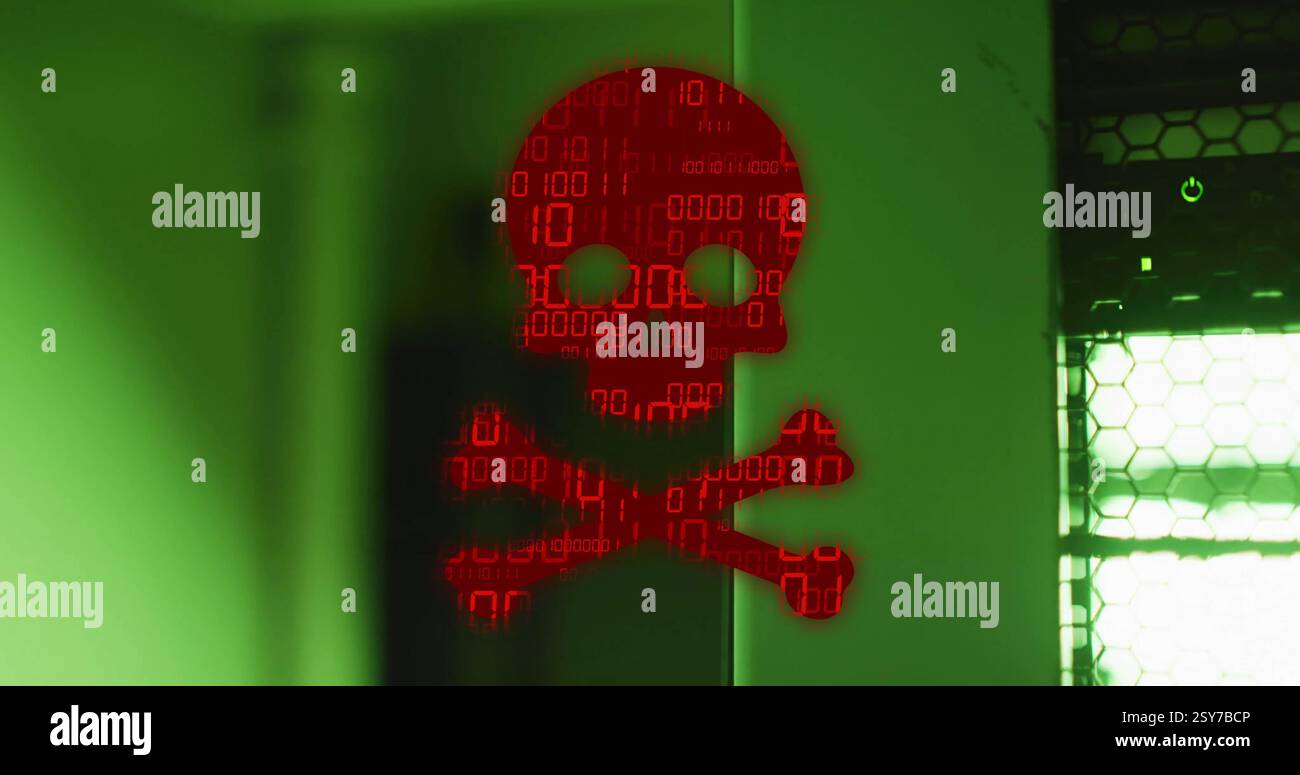 Image of binary coding and data processing over skull and bones by computer servers Stock Photo