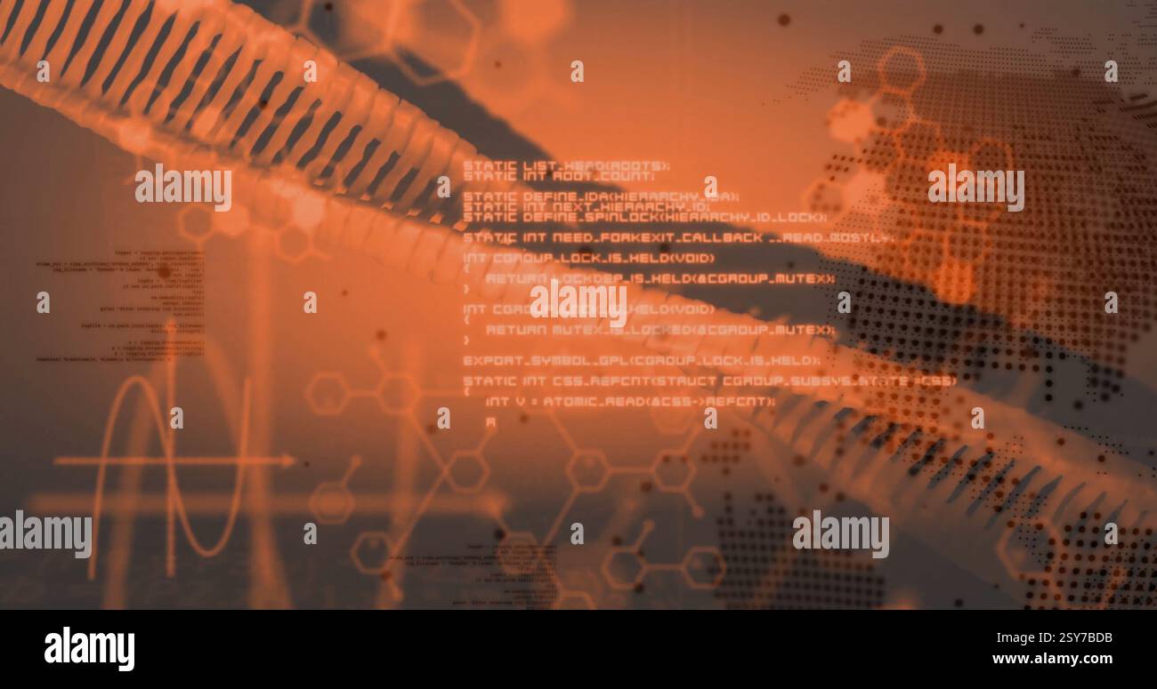 Hexagonal patterns and data processing image over abstract orange background Stock Photo