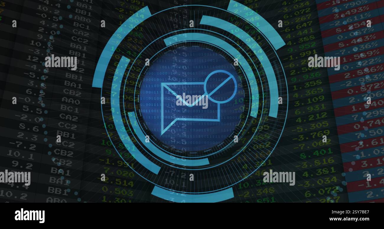 Email icon and magnifying glass image over binary code and financial data Stock Photo