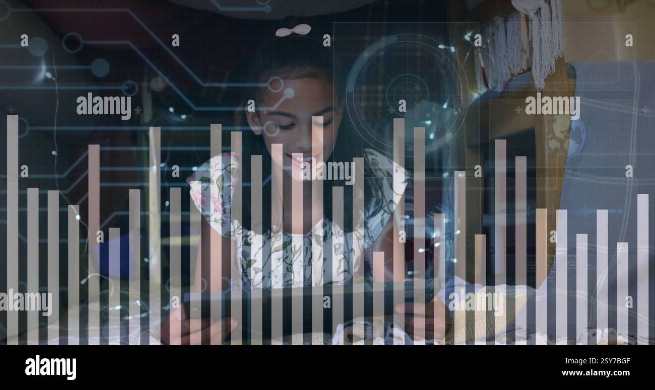 Image of data processing and circuit board over biracial girl using ...
