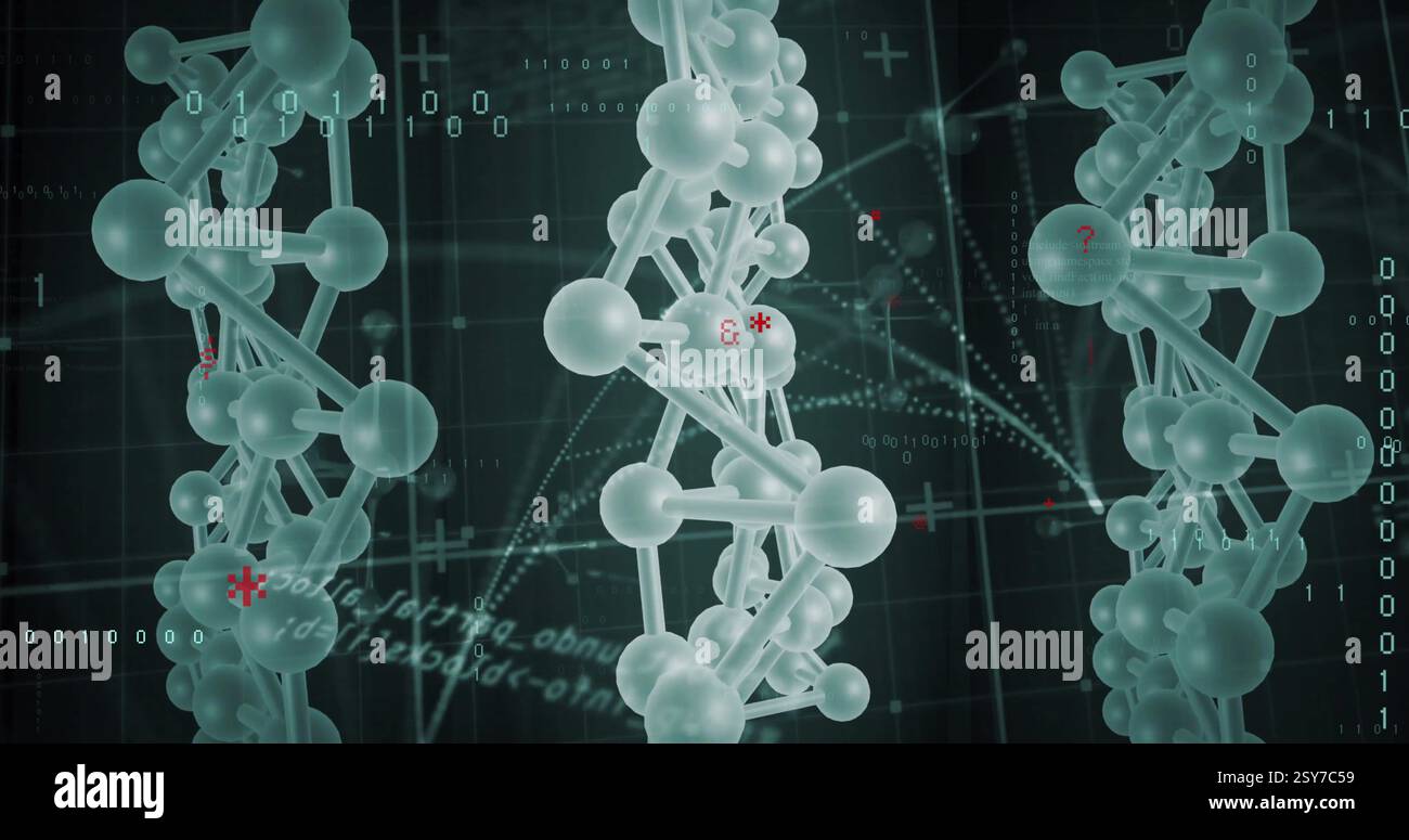 Image of data processing with molecules over dna strand on black background Stock Photo