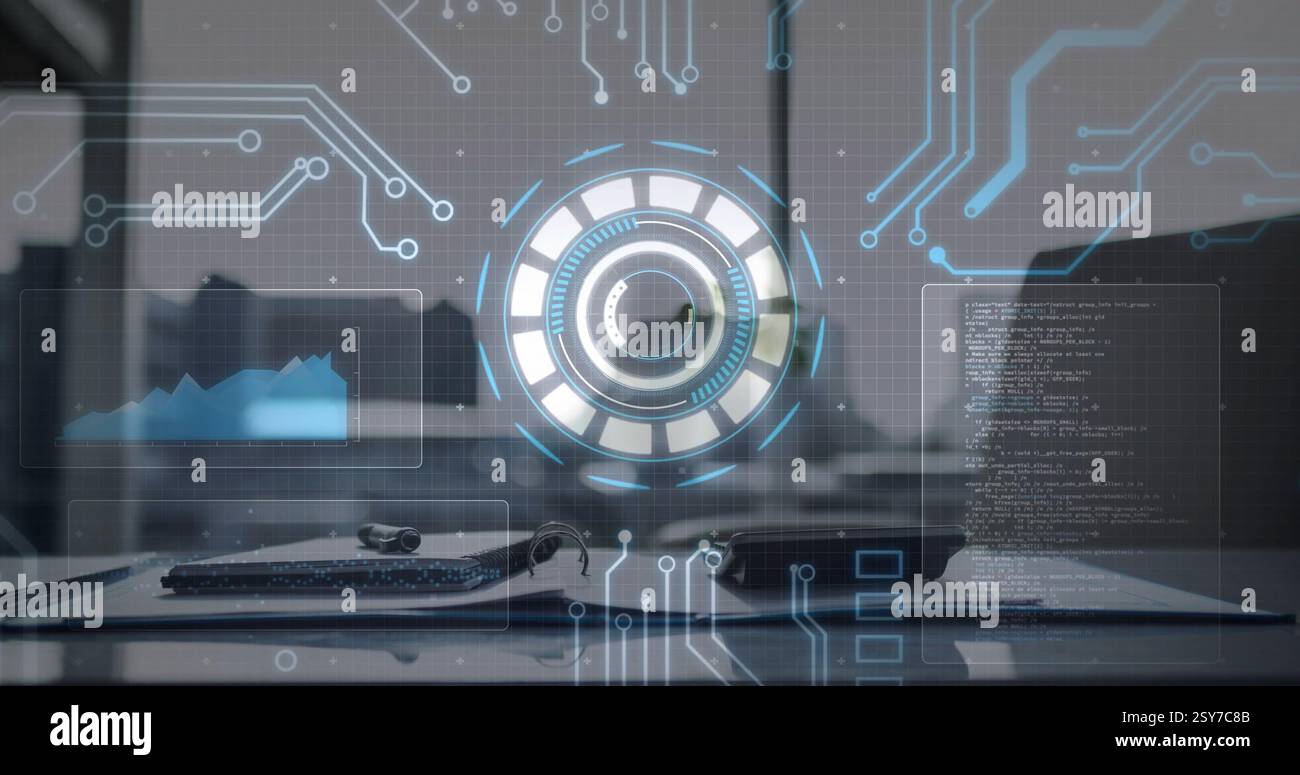 Image of financial data processing with scope scanning over empty room in office Stock Photo
